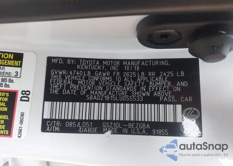 2020 Lexus Es 350 from USA, damaged, VIN 58ADZ1B15LU055533
